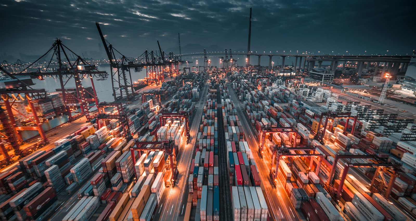 A container port lit up at night