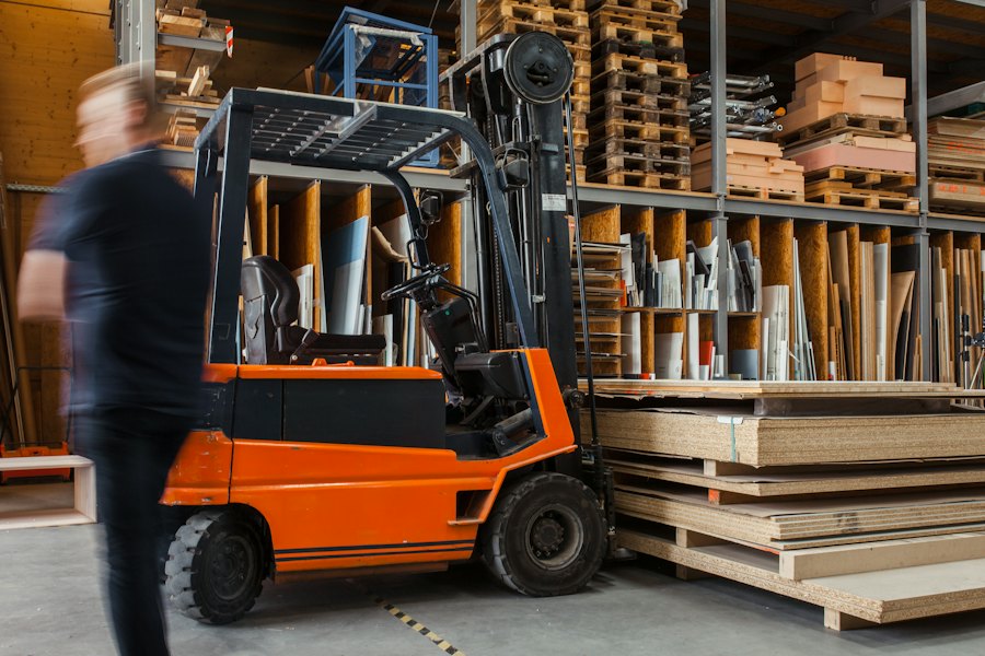A forklift working in a warehouse